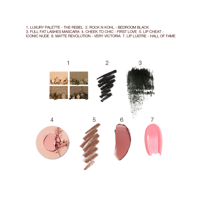 Swatches of a quad eyeshadow palette in shades of green and gold, black eyeliner, black mascara, two-tone blush in champagne and nude pink, lip  liner pencil in chocolate brown, lipstick in berry-pink, an dlip gloss in bright pink. 