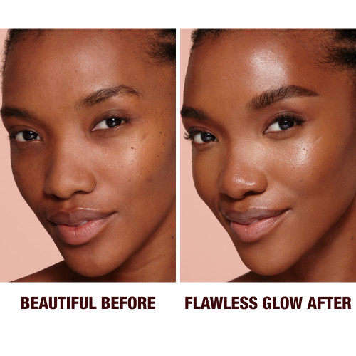 Before and after close-up of a deep-tone model with brown eyes wearing a luminous, glowy primer that blurs her pores and fine lines with dark brown eyeliner and sheer lip gloss. 