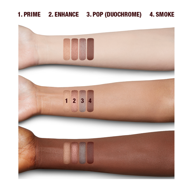 Fair, tan, and deep-tone arms with swatches of matte and shimmery eyeshadows in shades of peachy-pink, dusky rose, warm burgundy, and teal blue-brown.