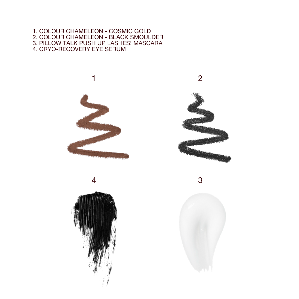 Swatches of two eyeshadows in brown-gold with a metallic finish and jet black with a matte finish, black mascara, and glowy white eye serum.