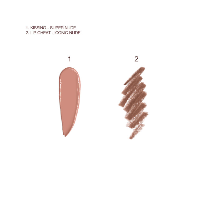 Swatches of a satin-finish lipstick and a lip liner pencil in a cool nude-beige shade.