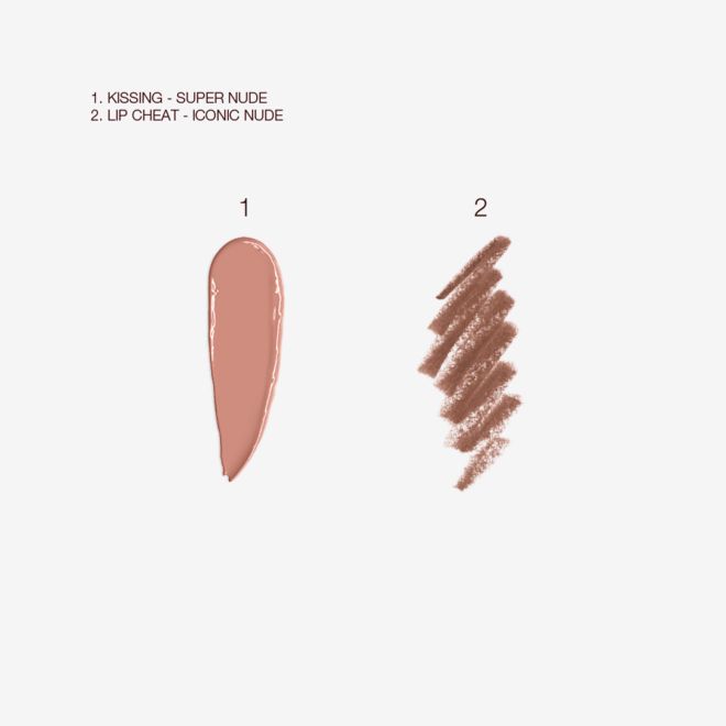 Luscious Lip Slick in Super Nude swatches Swatches of a satin-finish lipstick and a lip liner pencil in a cool nude-beige shade.