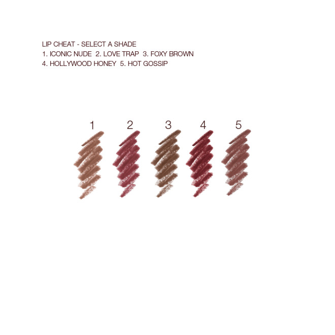 Swatches of five lip liner pencils in nude shades of brown, purple, pink, and red.