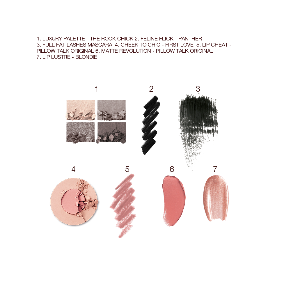 Swatches of a quad eyeshadow palette in shades of grey and gold, black eyeliner, black mascara, two-tone blush in champagne and light pink, lip liner in nude pink, lipstick in warm pink, and lip gloss in sheer pink. 