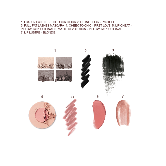 Swatches of a quad eyeshadow palette in shades of grey and gold, black eyeliner, black mascara, two-tone blush in champagne and light pink, lip liner in nude pink, lipstick in warm pink, and lip gloss in sheer pink. 