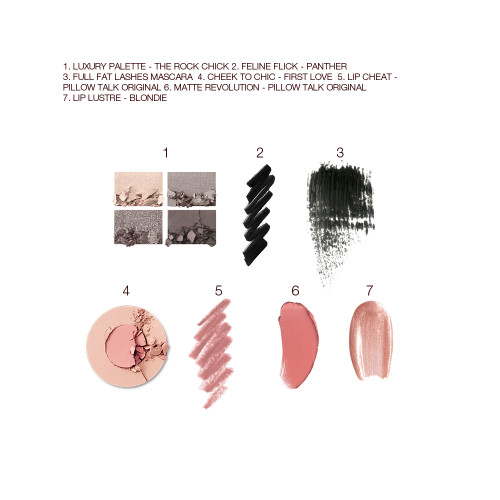 Swatches of a quad eyeshadow palette in shades of grey and gold, black eyeliner, black mascara, two-tone blush in champagne and light pink, lip liner in nude pink, lipstick in warm pink, and lip gloss in sheer pink. 