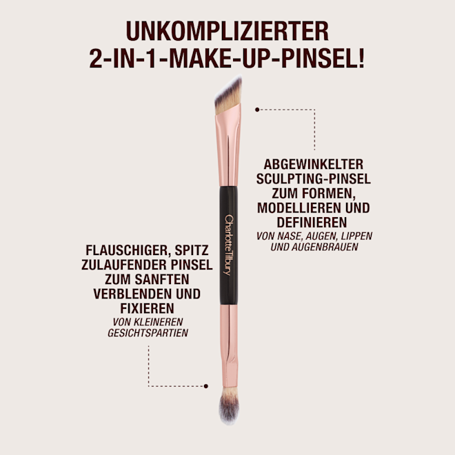 DE BRUSH-INFOGRAPHICS Double-ended angled brush with text.