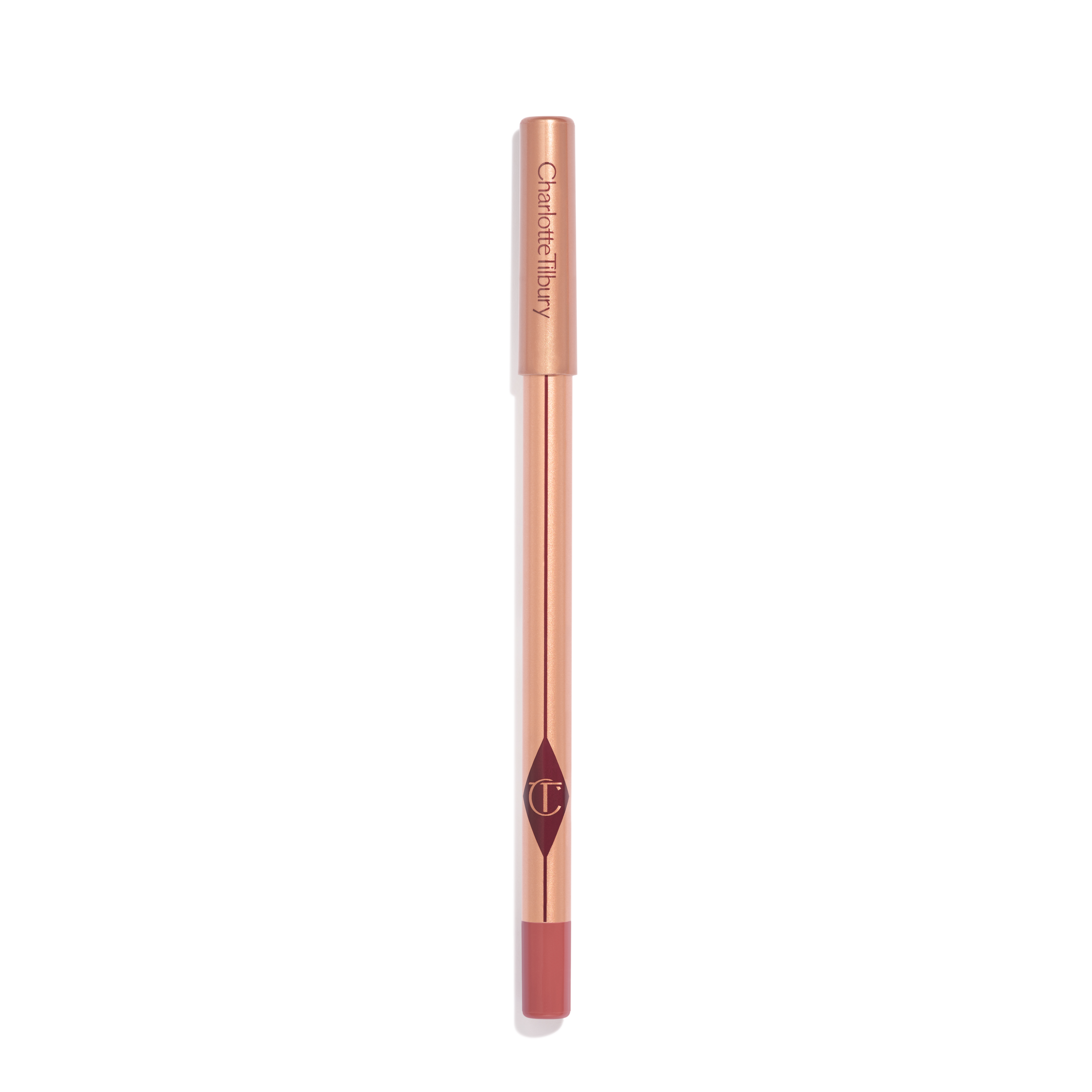 A warm, berry-pink lip liner with a golden-coloured body with nude-pink box packaging. 