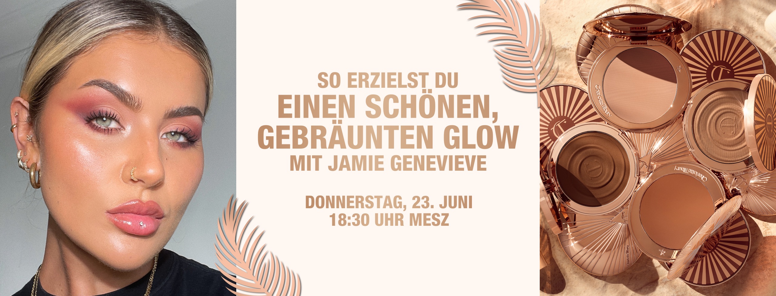 Banner with a light-tone blonde makeup artist wearing glowy, hot pink makeup with text on the banner that reads, 'How to get a beautiful bronzed glow with Jamie Genevieve' 