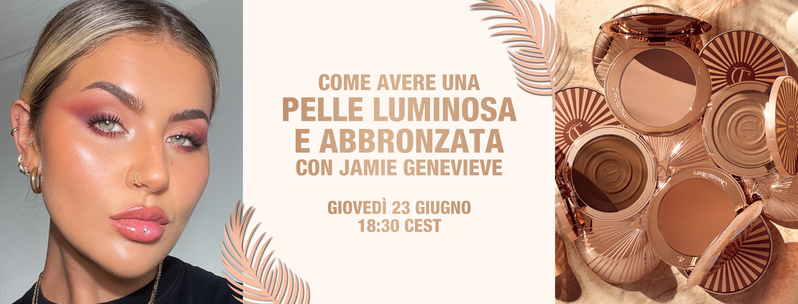 Banner with a light-tone blonde makeup artist wearing glowy, hot pink makeup with text on the banner that reads, 'How to get a beautiful bronzed glow with Jamie Genevieve' 