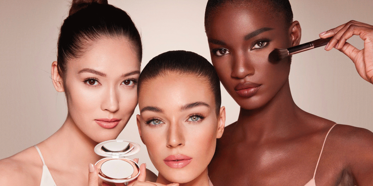 Banner with models of light, medium and deep skin wearing a radiant, setting powder that brightens, covers blemishes, and makes their skin look fresh along with a before and after of a deep-tone model applying brightening setting powder that makes her look fresh and radiant.