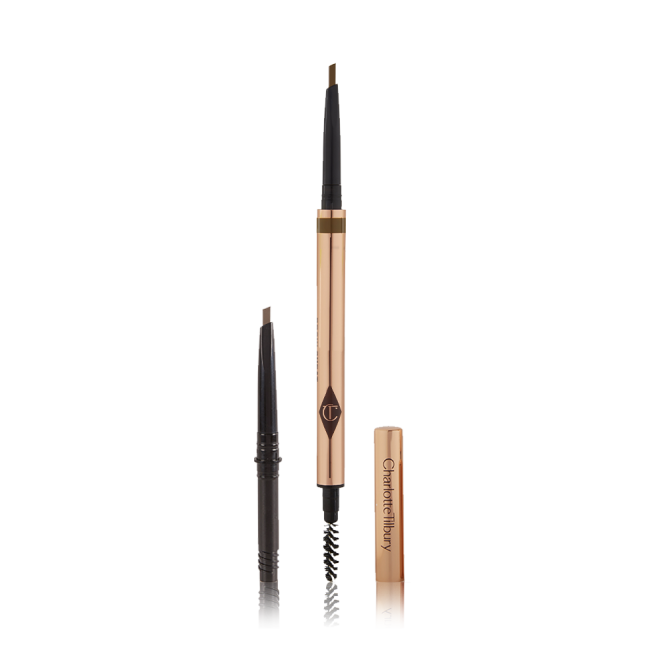 A double-ended eyebrow pencil and spoolie brush duo in a soft brown shade with gold-coloured packaging and the refill besides it.