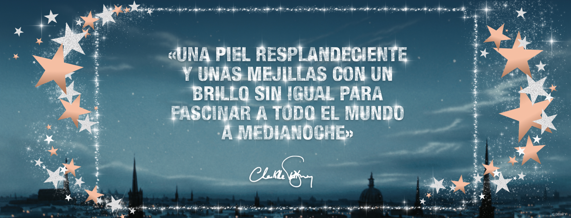 Quote reading "Skin that glows and cheekbones that shine bright, everyone can mesmerise at midnight!" with Charlotte Tilbury's signature, stars and sparkles