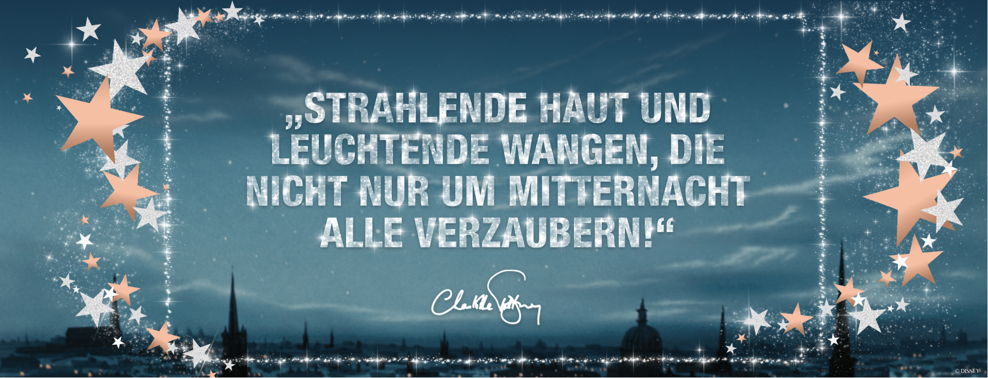 Quote reading "Skin that glows and cheekbones that shine bright, everyone can mesmerise at midnight!" with Charlotte Tilbury's signature, stars and sparkles