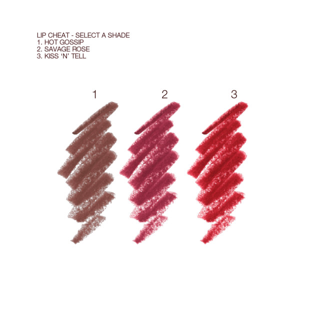 Swatches of three lip liner pencils in purplish brown, magenta, and bold red.