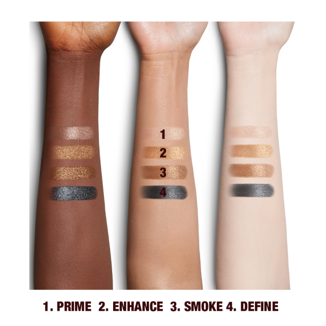 Fair-tan, and deep-tone arms with four eyeshadow swatches in rose gold, teal, honey-gold, and bright gold colours. 