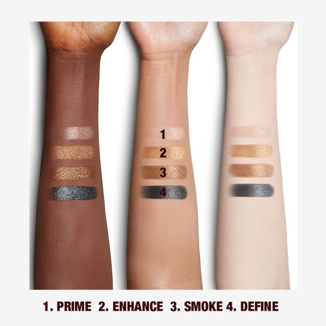 Luxury Palette of Pops in Dazzling Diamonds arm swatches Fair-tan, and deep-tone arms with four eyeshadow swatches in rose gold, teal, honey-gold, and bright gold colours.