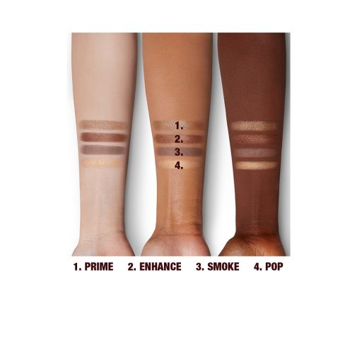 Arm swatches of four shimmery eyeshadows in champagne, bronze, and smokey grey colours on fair, tan, and deep skin. 