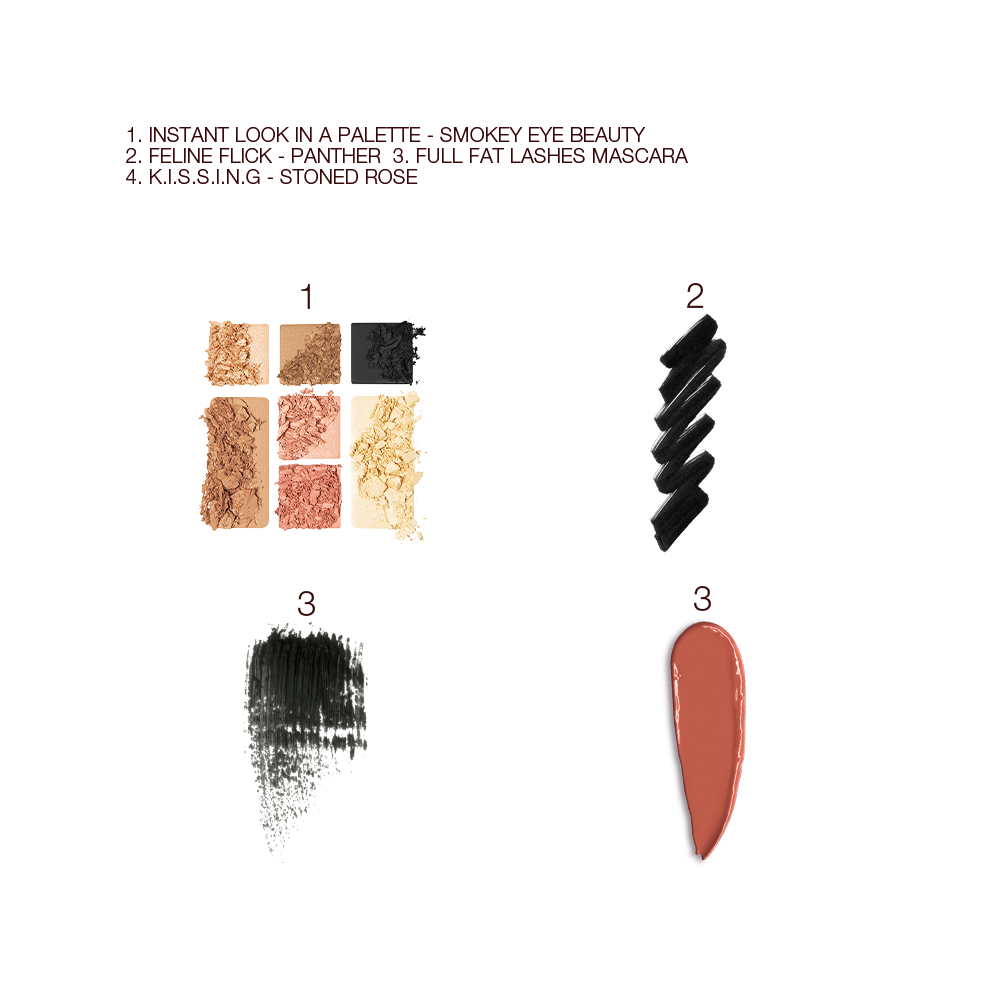 Swatches of nine eyeshadows in shades of brown, golden, pink, black, and peach, black eyeliner, black mascara, and dark terracotta lipstick.