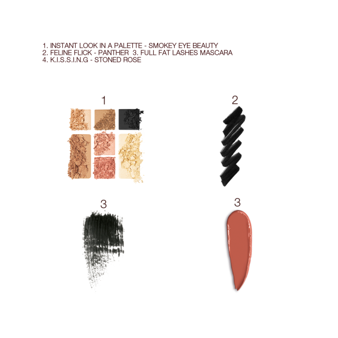 Swatches of nine eyeshadows in shades of brown, golden, pink, black, and peach, black eyeliner, black mascara, and dark terracotta lipstick.