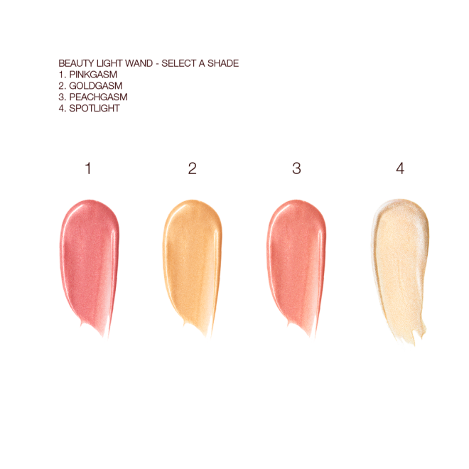 Swatches of four liquid highlighters and liquid highlighter blushes in medium-pink, honey gold, rose gold, and champagne. 