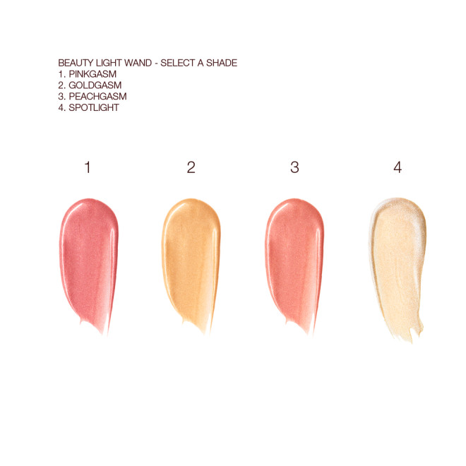 Swatches of four liquid highlighters and liquid highlighter blushes in medium-pink, honey gold, rose gold, and champagne. 