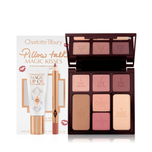Lip oil in a white-coloured tube with a nude pink lip pencil in a white-coloured gift box, and an open face palette with two blushes, three eyeshadows, and contouring shades with a mirrored lid.