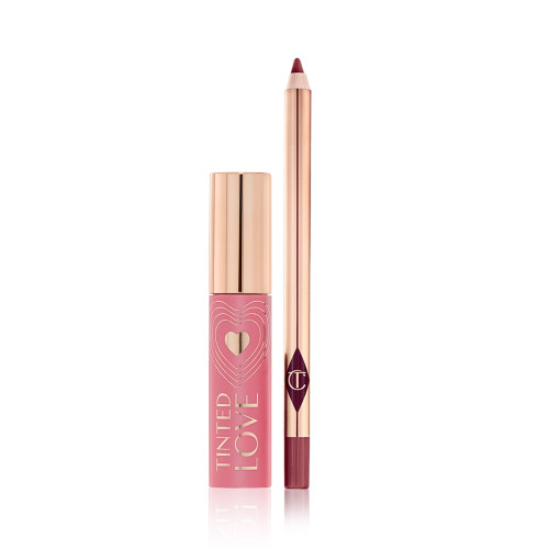 Nude pink lip and cheek tint in a nude pink bottle with a gold-coloured lid with a maroon-coloured lip liner pencil