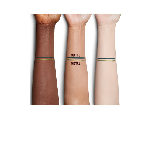 Fair, medium, and deep-tone arm swatches of two matte and metallic eyeliners in shades of green. 