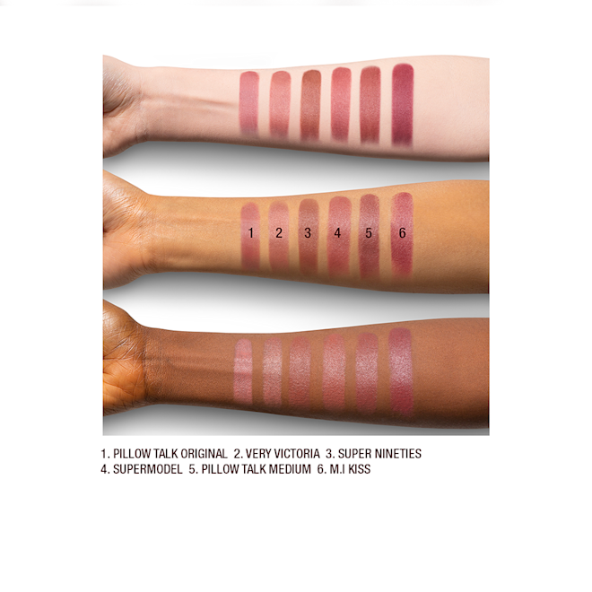 Fair, tan, and deep-tone arms with seven matte lipsticks in shades of nude pink, nude brown, and nude red. 