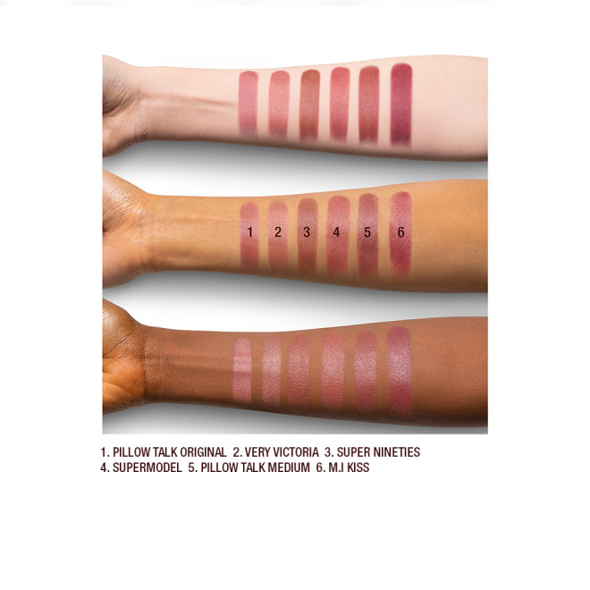 Fair, tan, and deep-tone arms with seven matte lipsticks in shades of nude pink, nude brown, and nude red. 