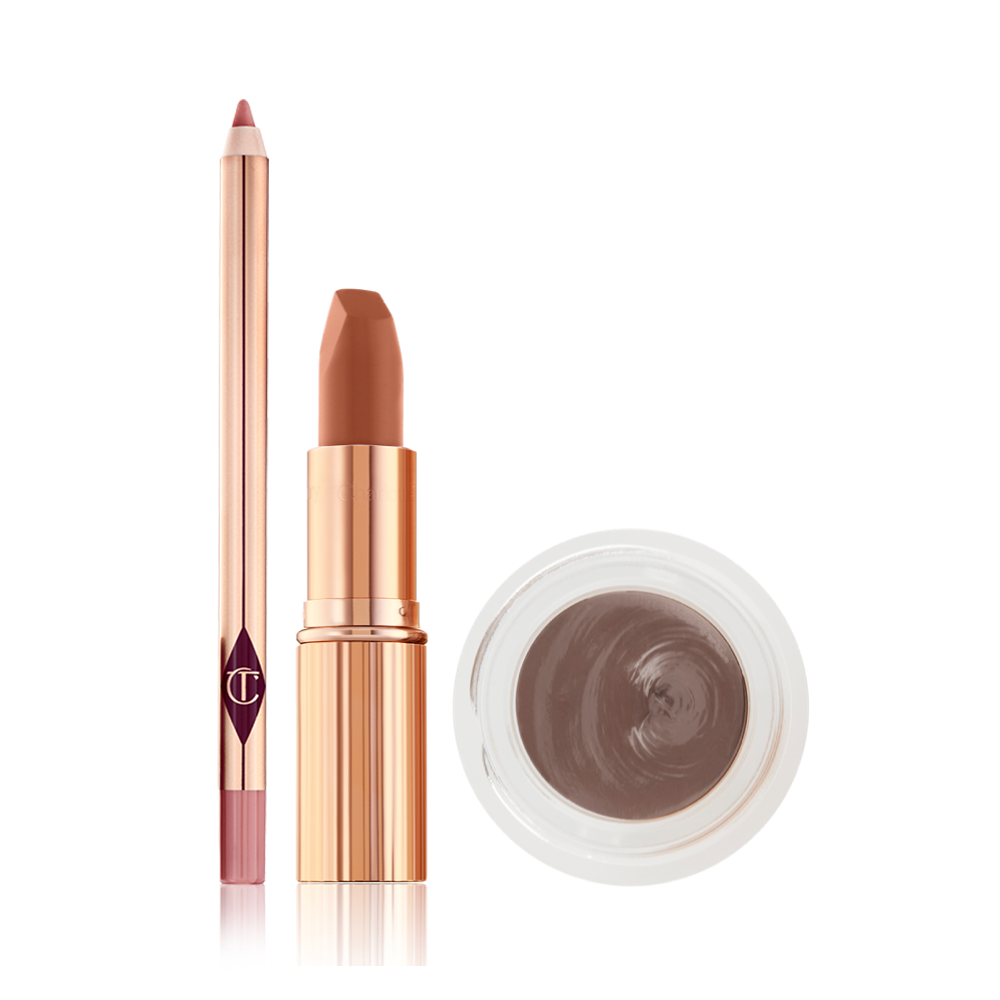 An open lip liner pencil in nude pink, open matte lipstick in nude pink in a gold-coloured tube, and an open pot of cream eyeshadow in a smokey taupe shade.