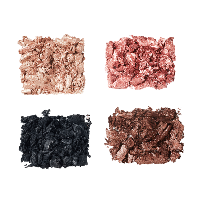 Swatches of matte and shimmery eyeshadows in rose gold, chocolate brown, champagne, and black.