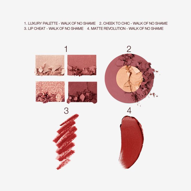 Walk of No Shame Makeup Secrets Swatches of four eyeshadows in shades of cream, rose gold, berry-pink, and redwood, a two-tone blush in berry-pink and honey-gold, lip liner pencil in a berry-pink shade, and matte lipstick in a berry red pink shade.