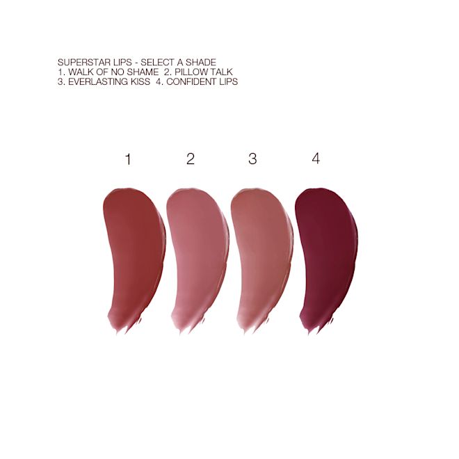 Superstar Lips swatches Swatches of four, glossy lipsticks in shades of berry-pink, nude pink, brown-pink, and dark berry-pink.