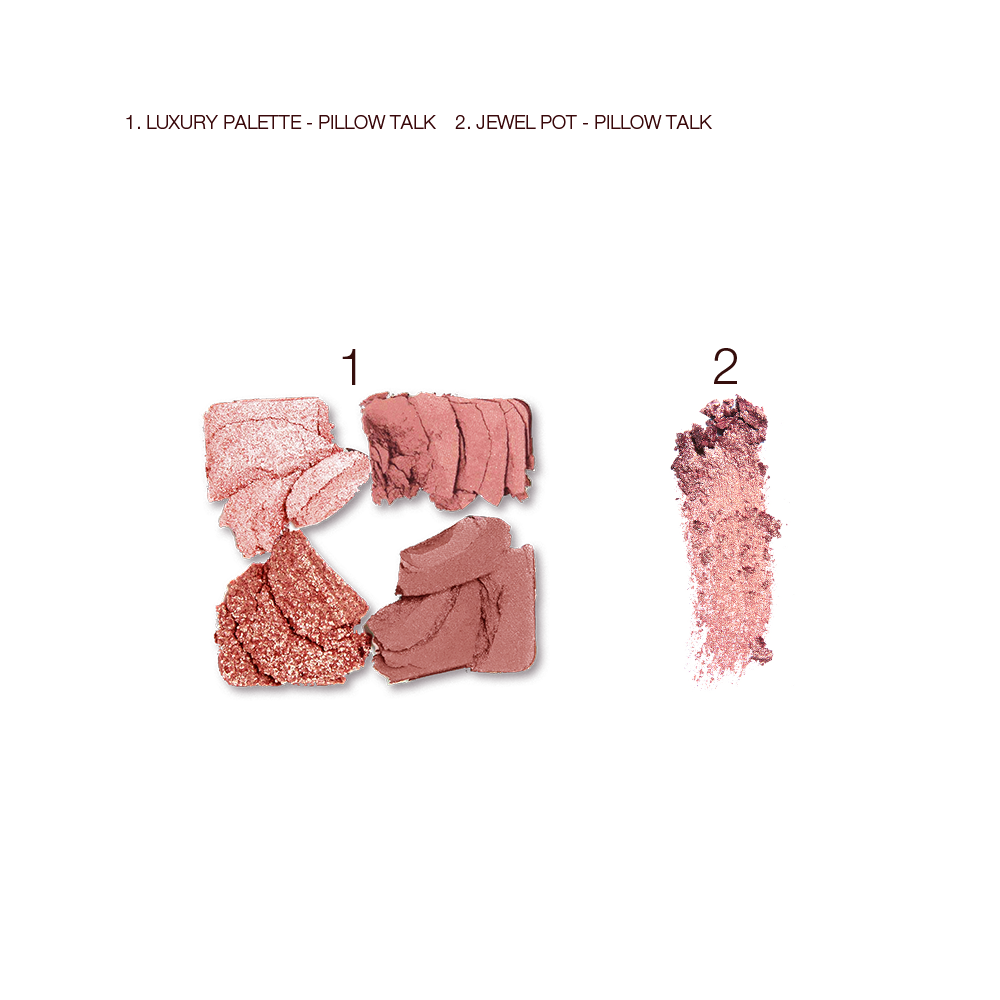 Swatches of four matte and shimmery eyeshadows in pink and gold shades with a swatch of a rose gold, shimmery eyeshadow pigment. 