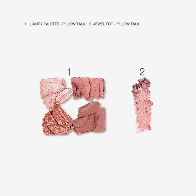 Jewel Eye Kit in Pillow Talk swatches Swatches of four matte and shimmery eyeshadows in pink and gold shades with a swatch of a rose gold, shimmery eyeshadow pigment.