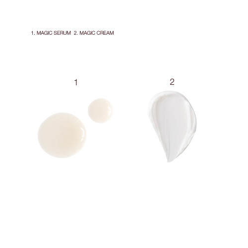 Swatches of a pearly-white facial serum and a luminous white face cream.