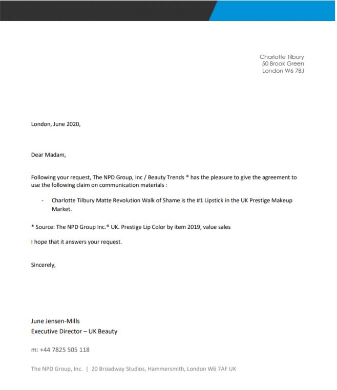 The NPD Group Charlottte TIlbury Claim Walk of No Shame Lipstick June 2020