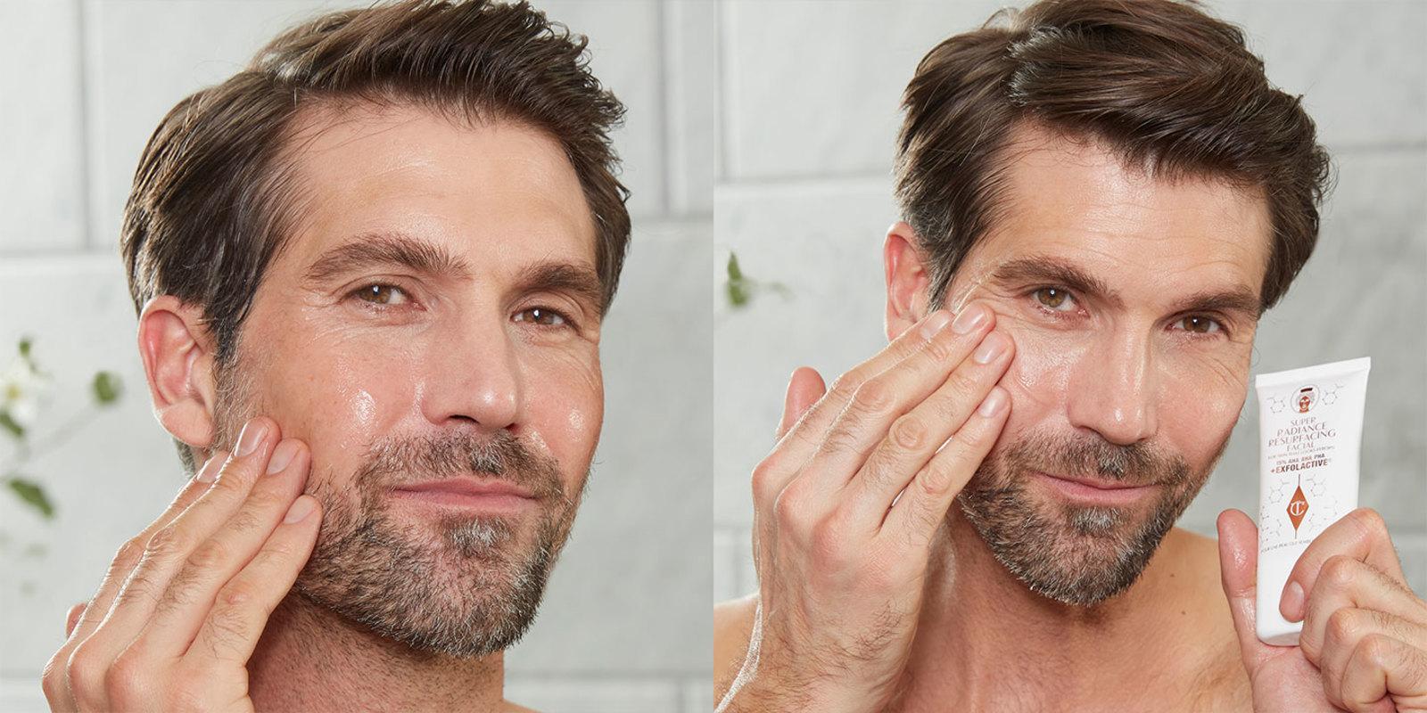 A fair-tone male model with mature, smooth, and glowing skin applying skincare products.