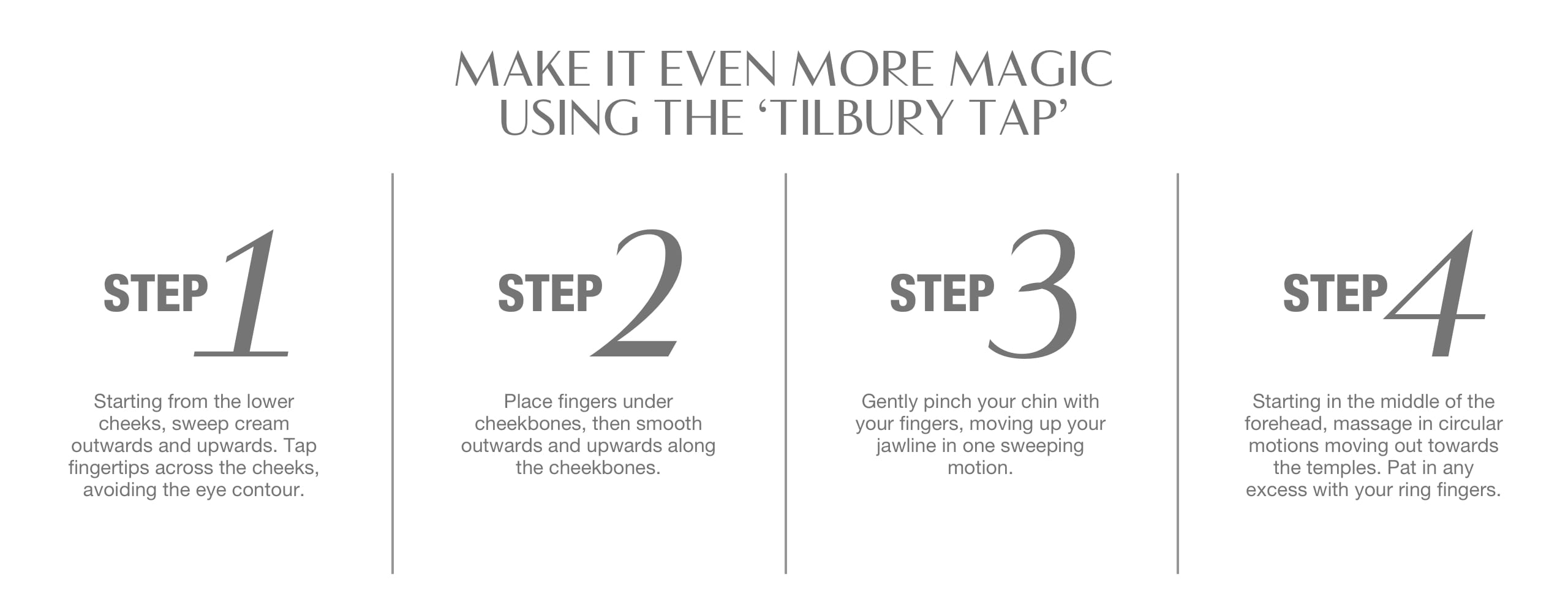 Banner with four, detailed steps on how to apply Charlotte Tilbury Magic cream for face for maximum benefit. 