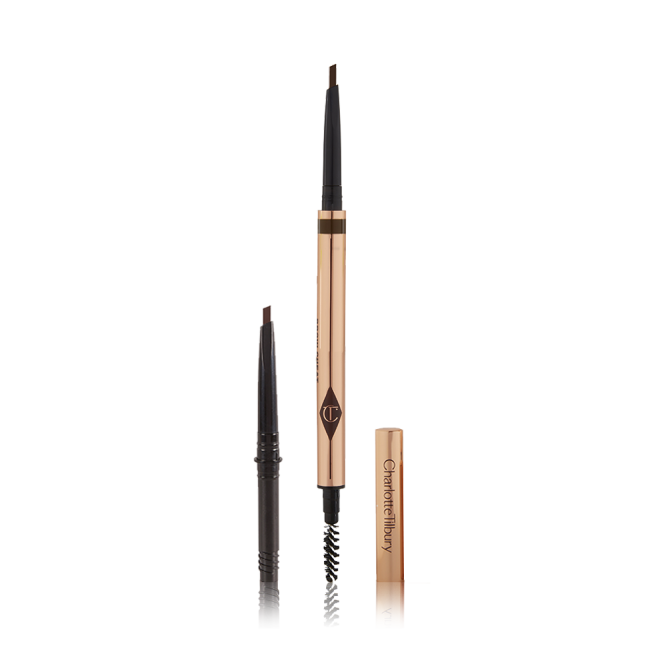 A double-ended eyebrow pencil and spoolie brush duo in a medium brown shade with gold-coloured packaging and the refill besides it.