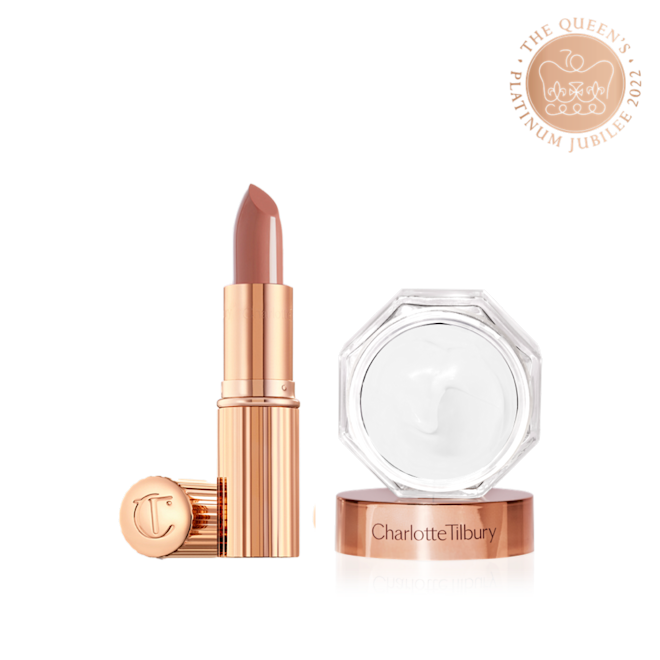 Legendary Beauty Secrets Kit open An open lipstick in a soft rosy peach shade with a satin finish in sleek gold-coloured packaging along with pearly white face cream in an open glass jar with a gold-coloured lid.