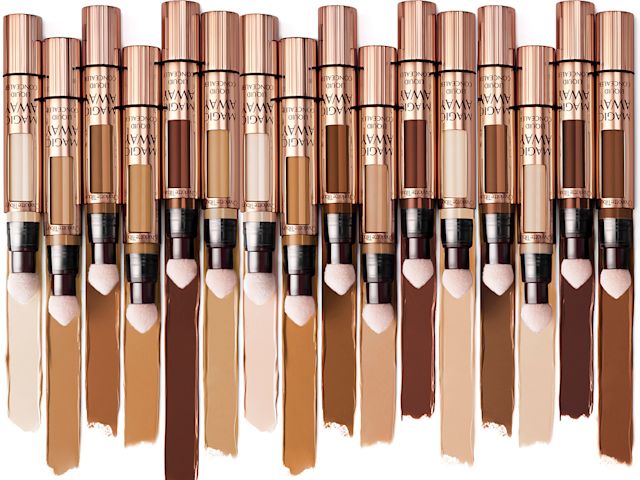 An array of liquid concealers, set next to each other, with swatches in fair, medium, and deep tones. 