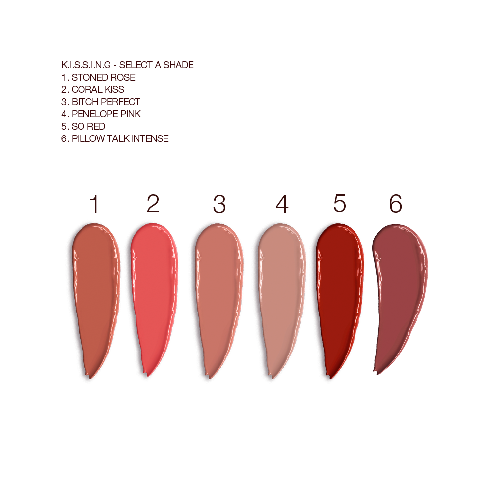 Swatches of six satin-finish lipsticks in shades of dark terracotta, bright coral, nude peach, cool beige, dark red, and nude reddish brown. 