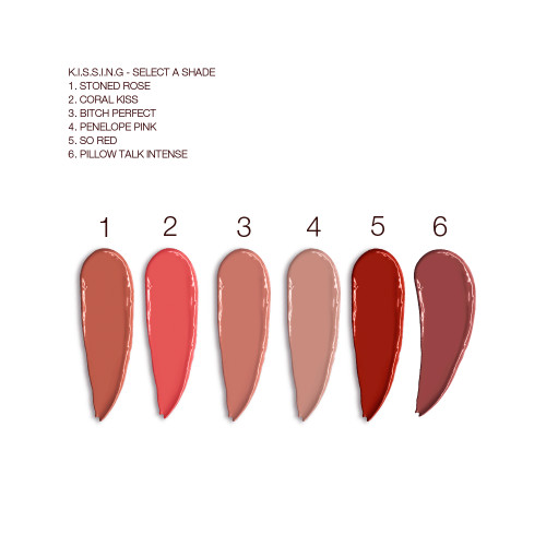 Swatches of six satin-finish lipsticks in shades of dark terracotta, bright coral, nude peach, cool beige, dark red, and nude reddish brown. 