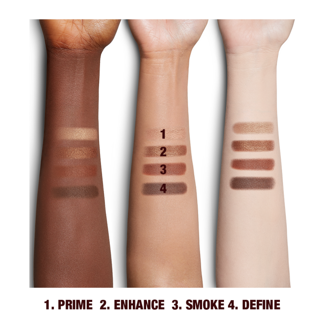 Fair, medium, and deep-tones arm eyeshadow swatches of quad matte and shimmery shades of brown. 