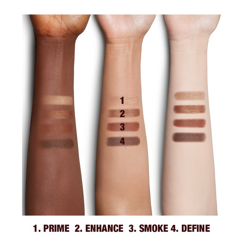 Fair, medium, and deep-tones arm eyeshadow swatches of quad matte and shimmery shades of brown. 