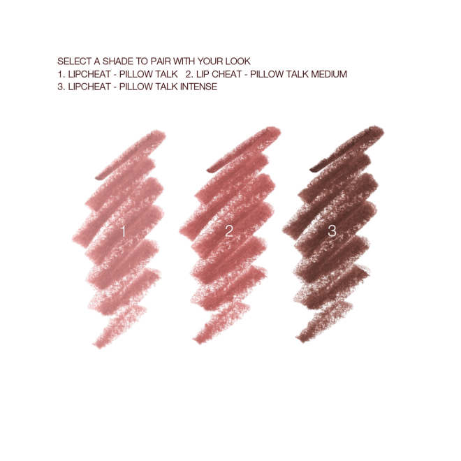 Three swatches of lip liner pencils in nude pink, berry-rose, and a deep tawny-brown. 