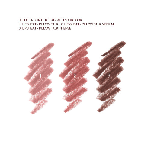 Three swatches of lip liner pencils in nude pink, berry-rose, and a deep tawny-brown. 